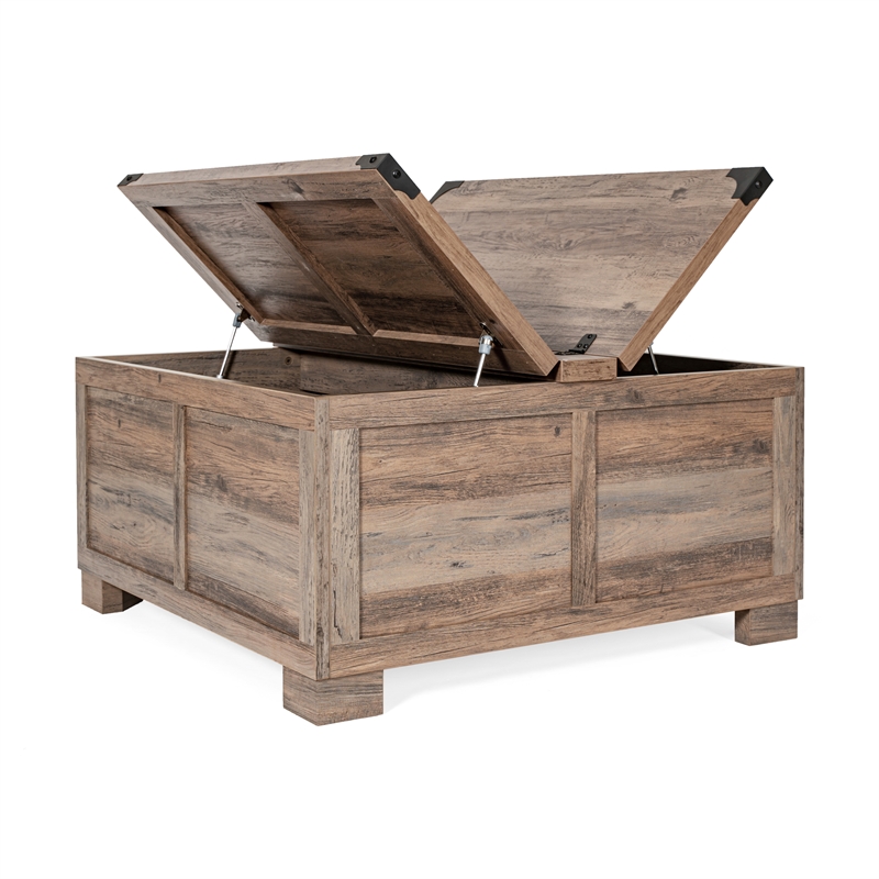 Pemberly Row Farmhouse Coffee Table with Hinged Lift Top & Storage in Gray Wash
