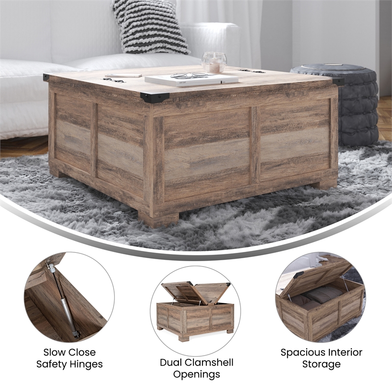 Pemberly Row Farmhouse Coffee Table with Hinged Lift Top & Storage in Gray Wash