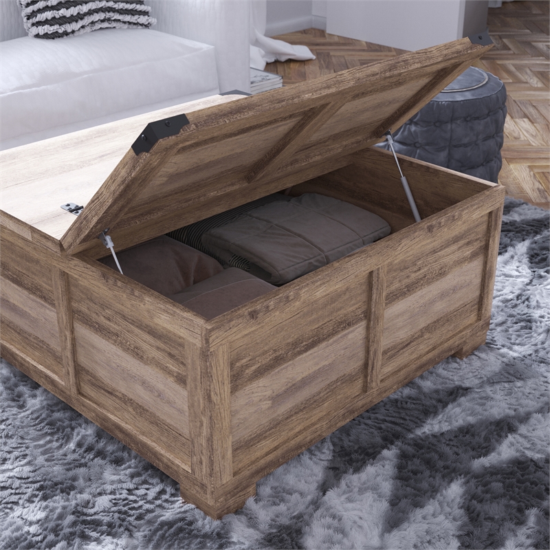 Pemberly Row Farmhouse Coffee Table with Hinged Lift Top & Storage in Gray Wash