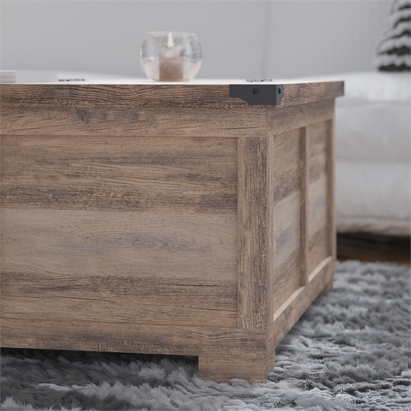 Pemberly Row Farmhouse Coffee Table with Hinged Lift Top & Storage in Gray Wash