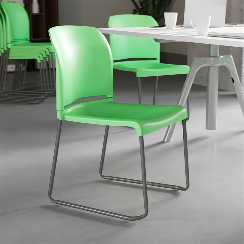 Pemberly Row Green Full Back Contoured Stack Chair with Sled Base