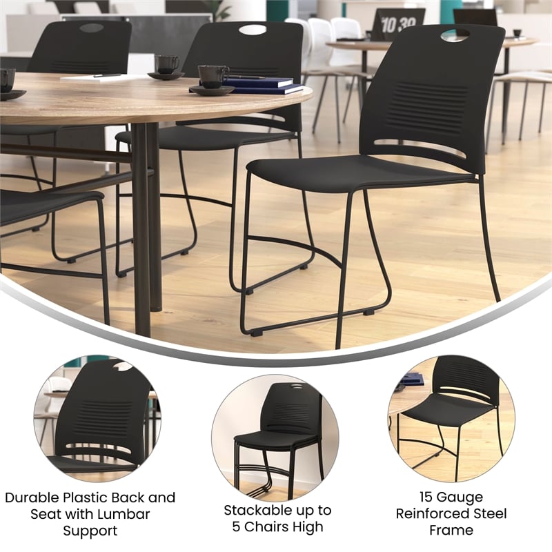 Pemberly Row Plastic Stack Chair with Steel Sled Base in Black