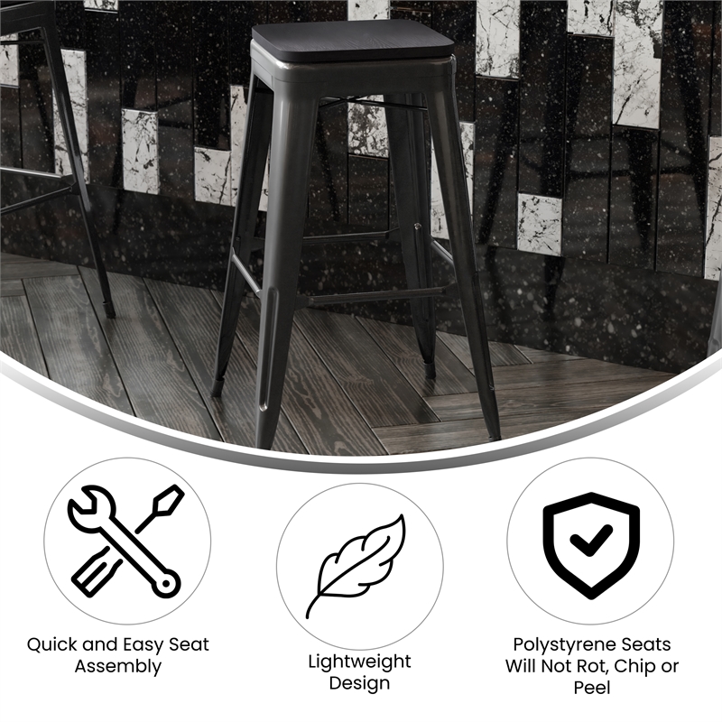 Pemberly Row All-Weather Black Backless Bar Stools with Black Seat Set of 4