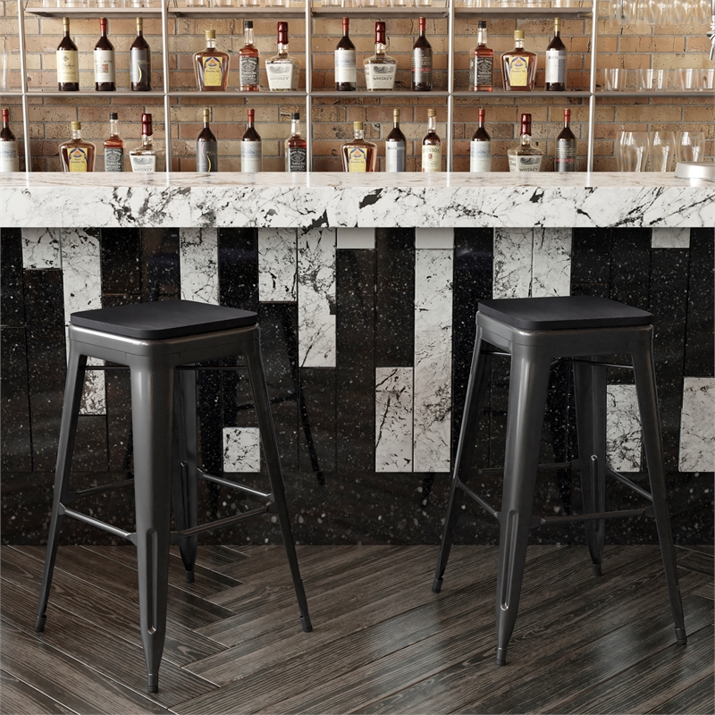 Pemberly Row All-Weather Black Backless Bar Stools with Black Seat Set of 4