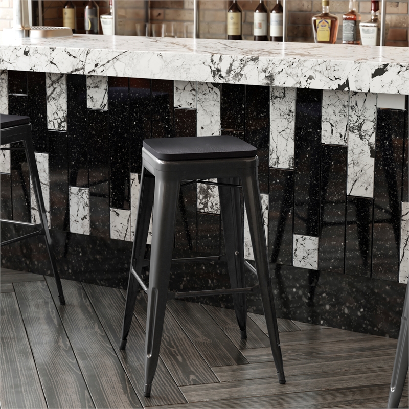 Pemberly Row All-Weather Black Backless Bar Stools with Black Seat Set of 4