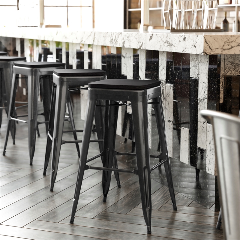Pemberly Row All-Weather Black Backless Bar Stools with Black Seat Set of 4