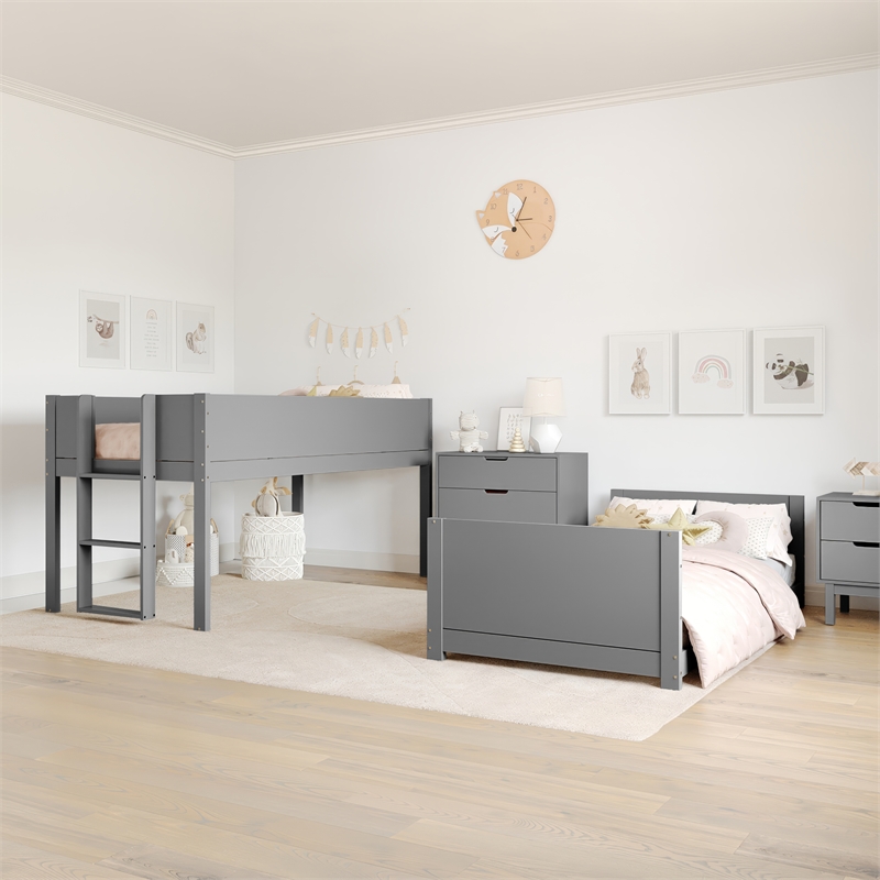 Pemberly Row Twin Over Twin Solid Wood Bunk Bed Frame for Kids in Gray