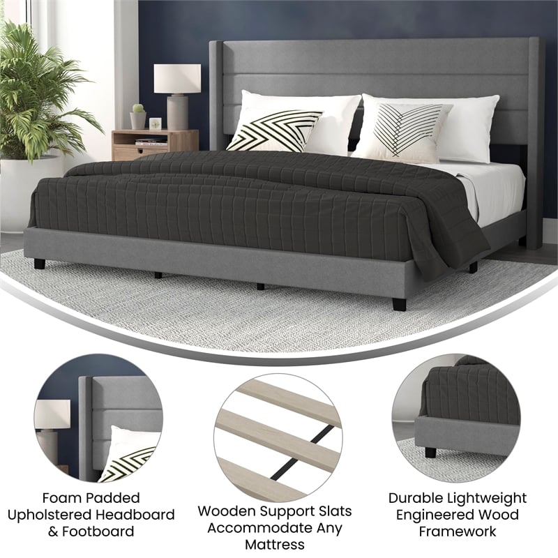 Pemberly Row King Upholstered Platform Bed with Wingback Headboard in Gray