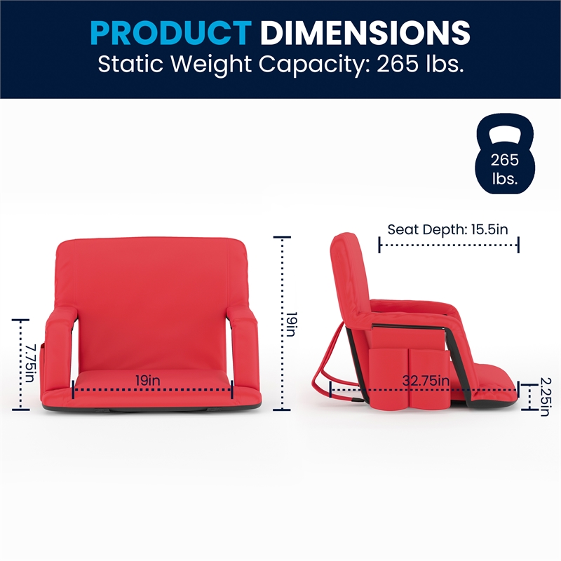 Pemberly Row Extra Wide Reclining Backpack Stadium Chair with Armrests in Red