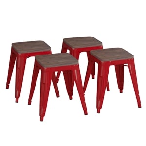 Pemberly Row Set of 4 18&quot Stackable Metal Stool with Wood Seat in Red
