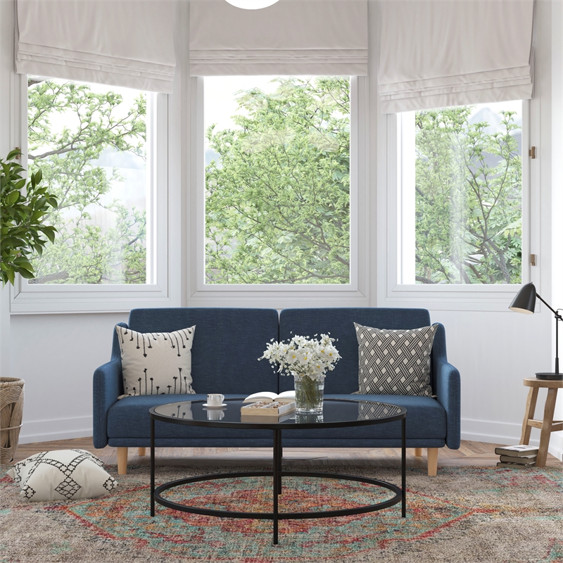Pemberly Row Split Back Futon Sofa with Curved Arms and Solid Wood Legs in Navy