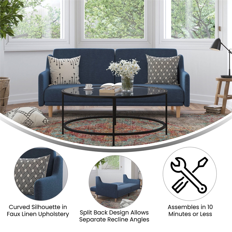 Pemberly Row Split Back Futon Sofa with Curved Arms and Solid Wood Legs in Navy