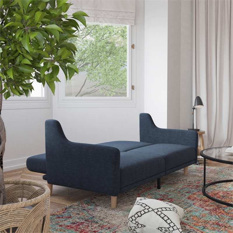 Pemberly Row Split Back Futon Sofa with Curved Arms and Solid Wood Legs in Navy
