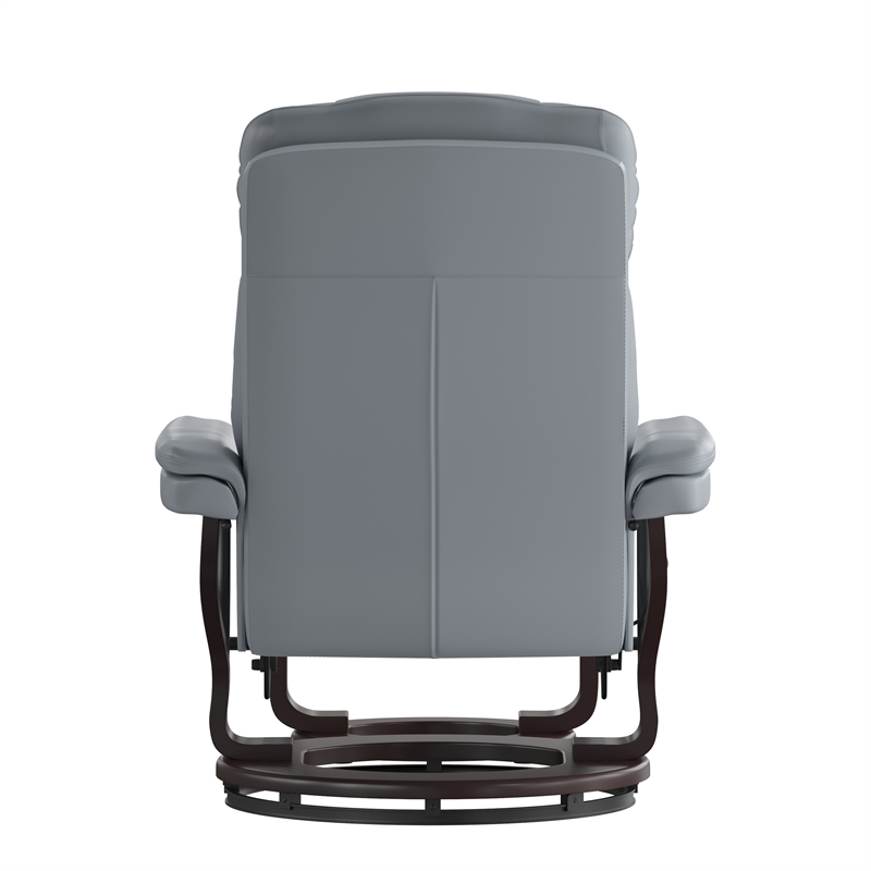 Pemberly Row Multi-Position Recliner & Curved Ottoman with Mahogany Base in Gray