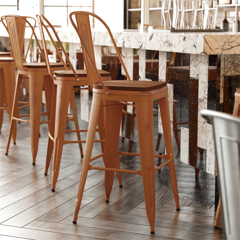 Pemberly Row All-Weather Bar Height Stool with Poly Resin Seat in Orange/Teak