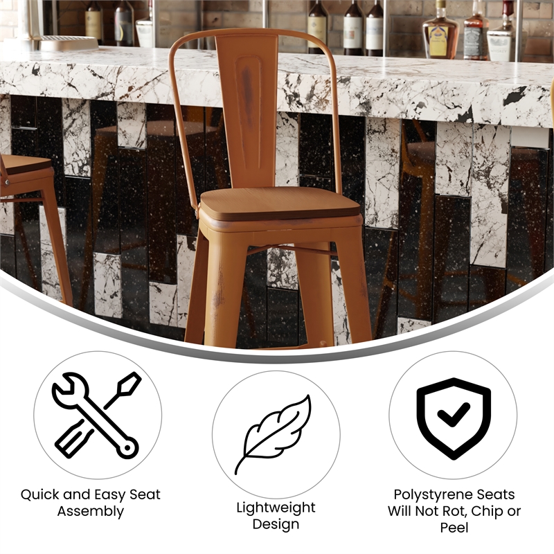 Pemberly Row All-Weather Bar Height Stool with Poly Resin Seat in Orange/Teak