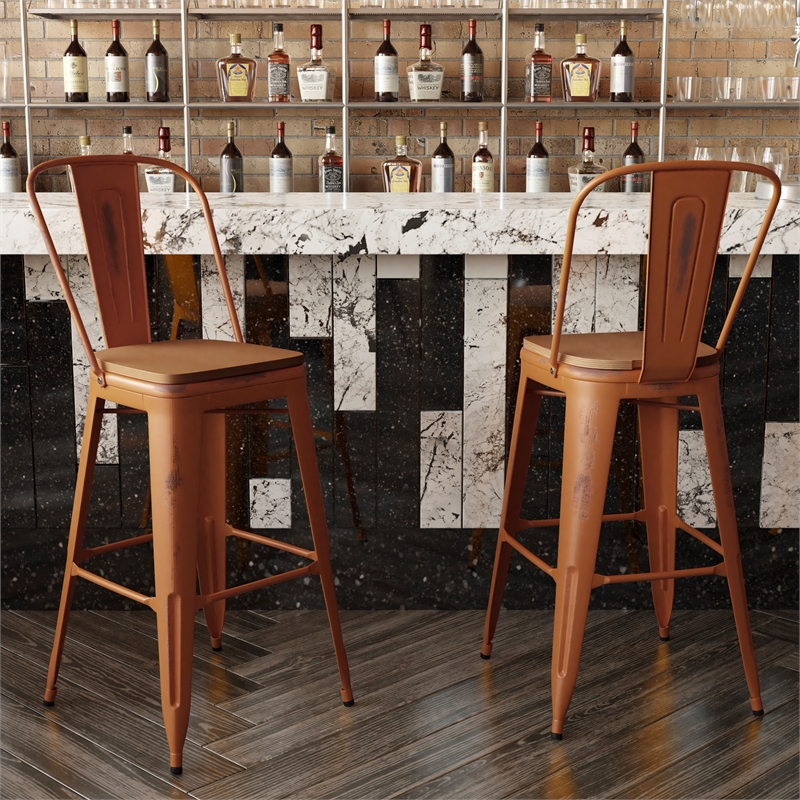 Pemberly Row All-Weather Bar Height Stool with Poly Resin Seat in Orange/Teak