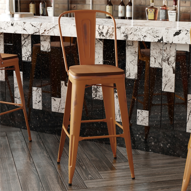 Pemberly Row All-Weather Bar Height Stool with Poly Resin Seat in Orange/Teak