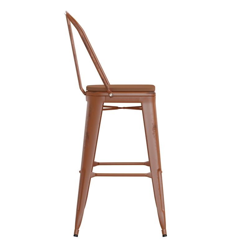 Pemberly Row All-Weather Bar Height Stool with Poly Resin Seat in Orange/Teak