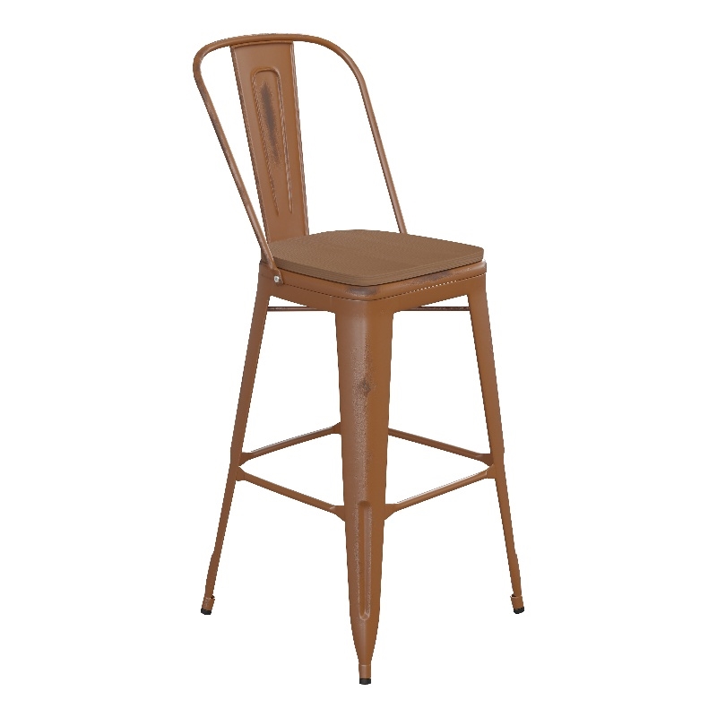 Pemberly Row All-Weather Bar Height Stool with Poly Resin Seat in Orange/Teak