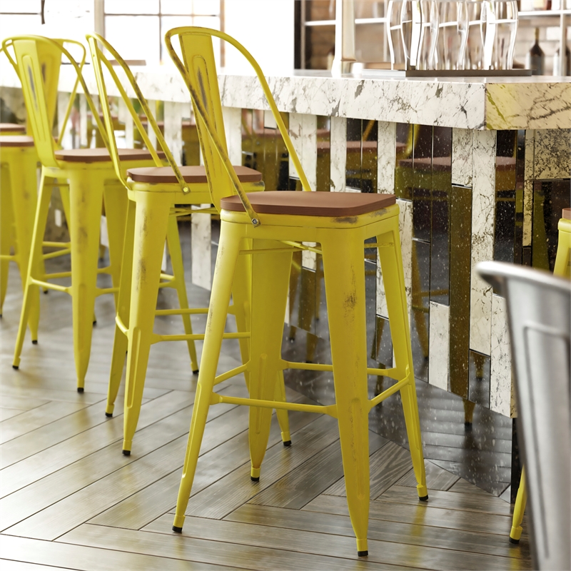 Pemberly Row All-Weather Bar Height Stool with Poly Resin Seat in Yellow/Teak