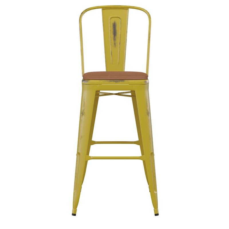 Pemberly Row All-Weather Bar Height Stool with Poly Resin Seat in Yellow/Teak