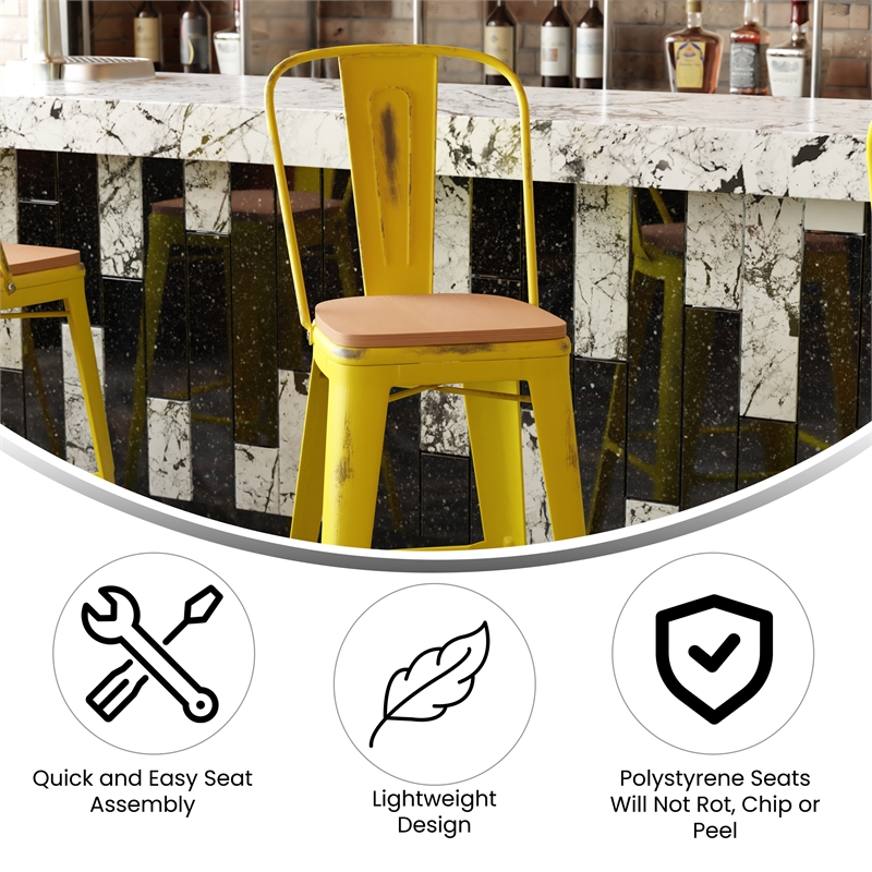 Pemberly Row All-Weather Bar Height Stool with Poly Resin Seat in Yellow/Teak
