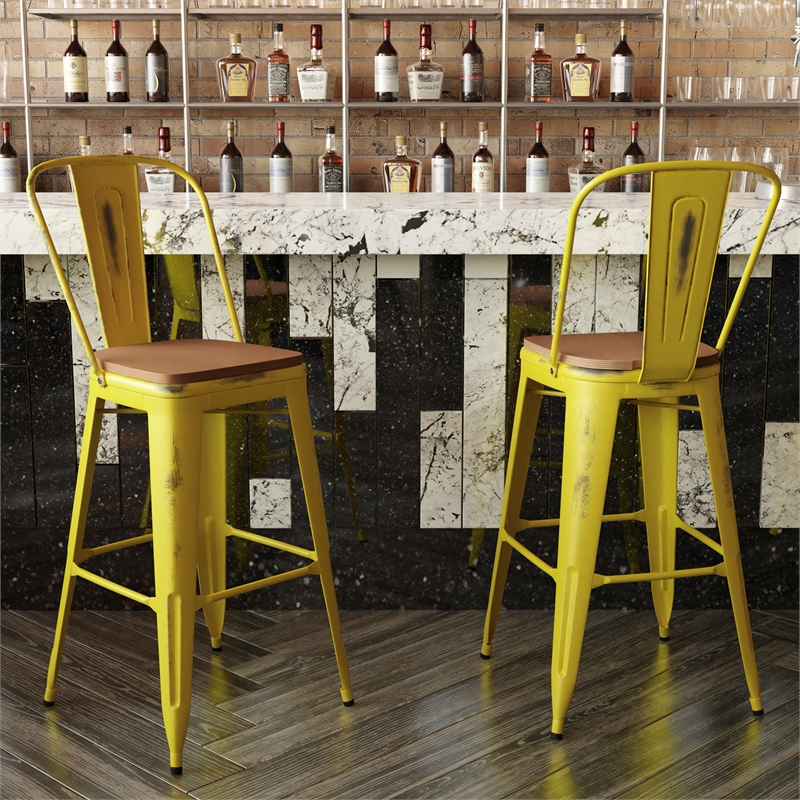 Pemberly Row All-Weather Bar Height Stool with Poly Resin Seat in Yellow/Teak