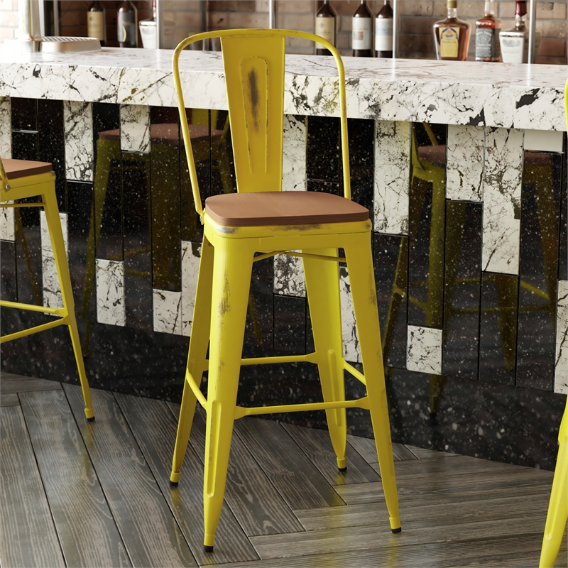 Pemberly Row All-Weather Bar Height Stool with Poly Resin Seat in Yellow/Teak
