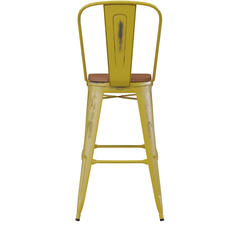 Pemberly Row All-Weather Bar Height Stool with Poly Resin Seat in Yellow/Teak