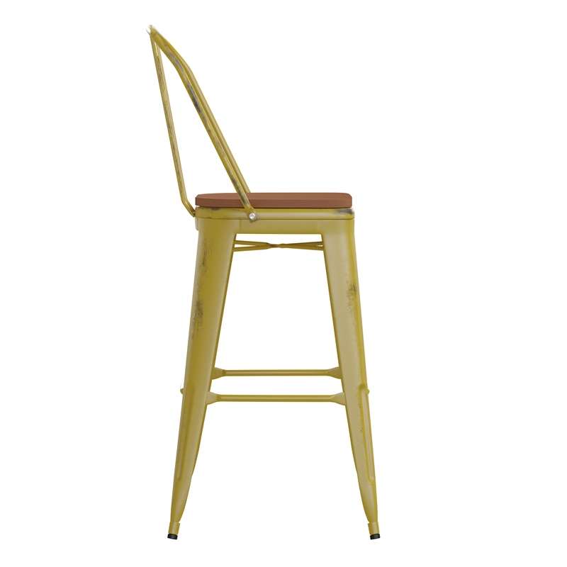 Pemberly Row All-Weather Bar Height Stool with Poly Resin Seat in Yellow/Teak