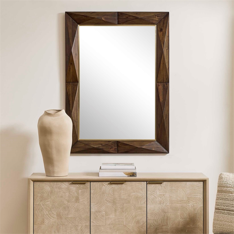 Pemberly Row Diamond Pattern Solid Acacia Wood Mirror in Dark Walnut with Gold