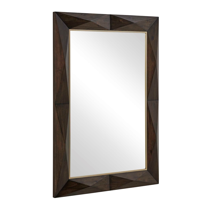 Pemberly Row Diamond Pattern Solid Acacia Wood Mirror in Dark Walnut with Gold