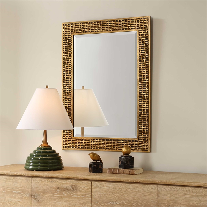 Pemberly Row Woven In Time Antiqued Gold Leaf Mirror with Beveled Edge