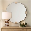 Pemberly Row Travertine Round Iron Band Frame Mirror in Golden Bronze
