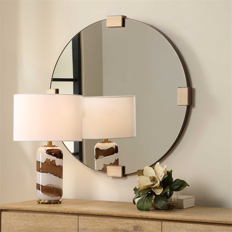 Pemberly Row Travertine Round Iron Band Frame Mirror in Golden Bronze