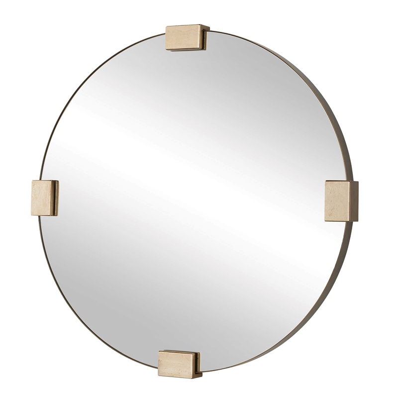 Pemberly Row Travertine Round Iron Band Frame Mirror in Golden Bronze