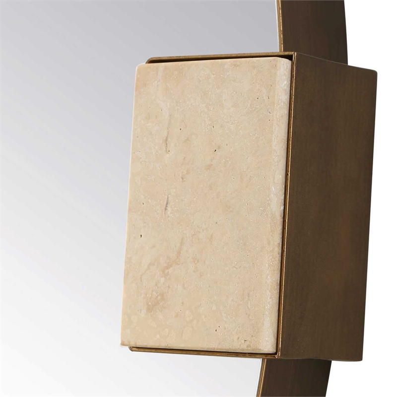 Pemberly Row Travertine Round Iron Band Frame Mirror in Golden Bronze