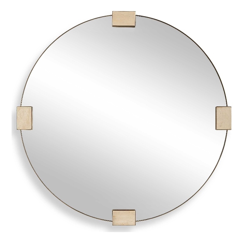 Pemberly Row Travertine Round Iron Band Frame Mirror in Golden Bronze