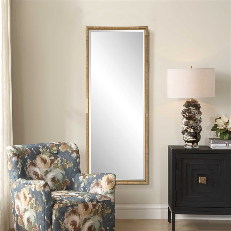 Pemberly Row Full Length Rattan Wrapped Iron Frame Tall Mirror in Gold