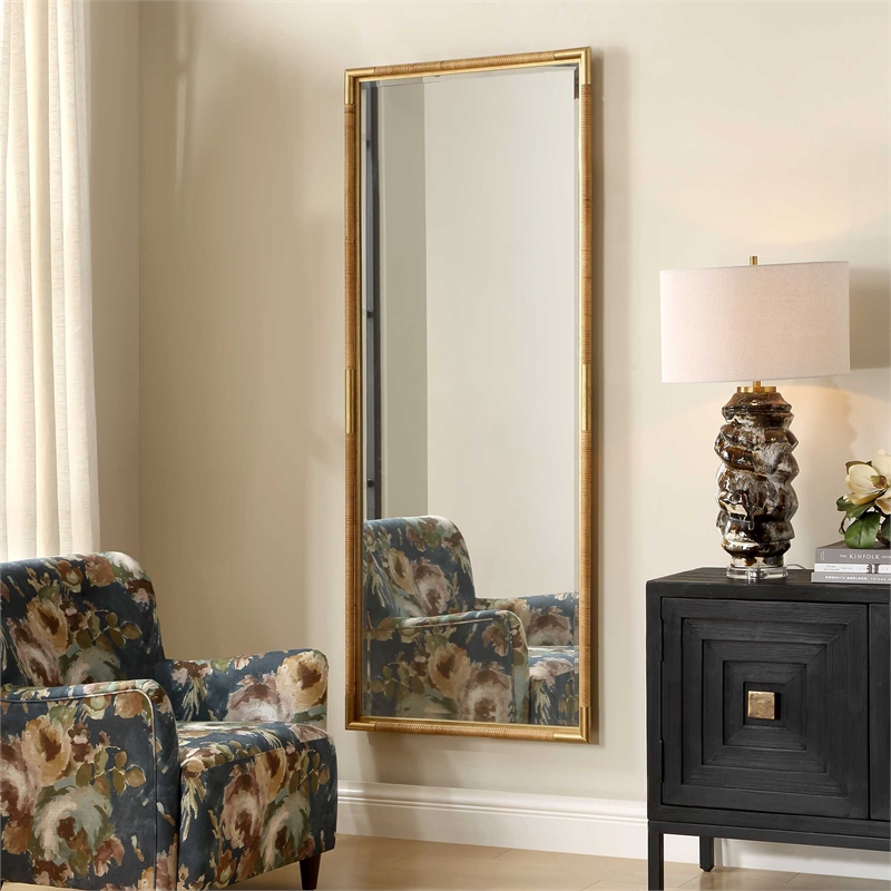 Pemberly Row Full Length Rattan Wrapped Iron Frame Tall Mirror in Gold