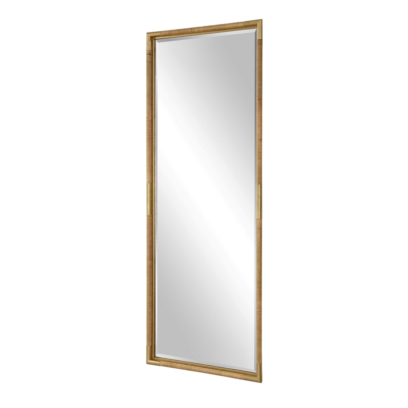 Pemberly Row Full Length Rattan Wrapped Iron Frame Tall Mirror in Gold