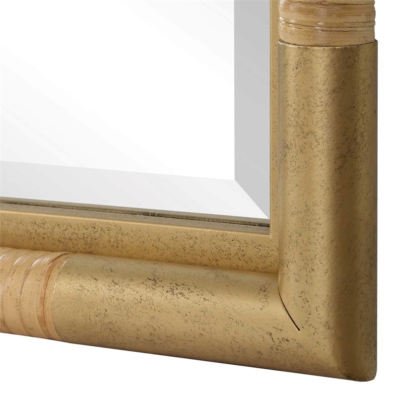 Pemberly Row Full Length Rattan Wrapped Iron Frame Tall Mirror in Gold