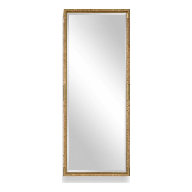 Pemberly Row Full Length Rattan Wrapped Iron Frame Tall Mirror in Gold