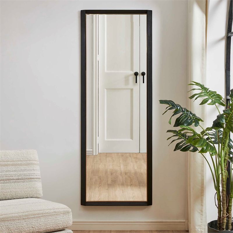 Pemberly Row Tall Wooden Mirror with Gold Inner Ledge in Black