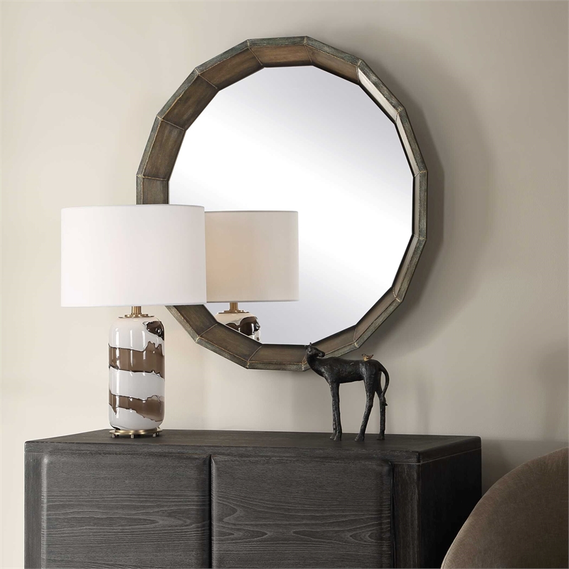 Pemberly Row Faceted Bronze Iron Frame Round Mirror with Welded Edges