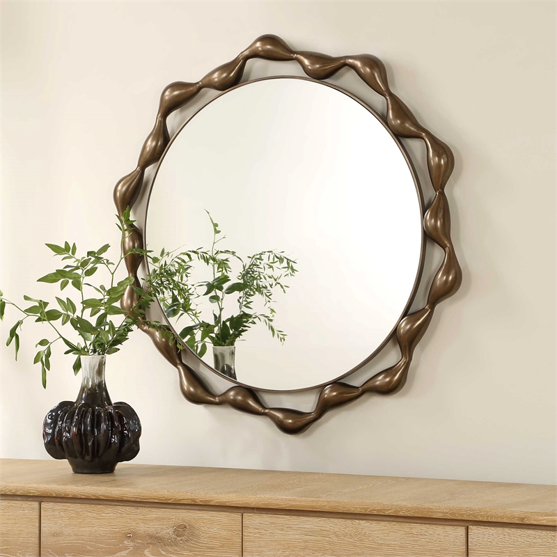 Pemberly Row Cast Iron Sculptural Profile Round Mirror in Warm Bronze