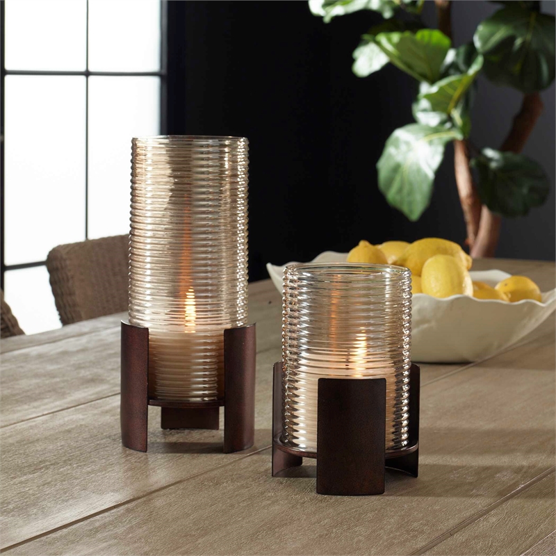 Pemberly Row Cylinder Cast Iron Candleholders with Glass in Bronze (Set of 2)