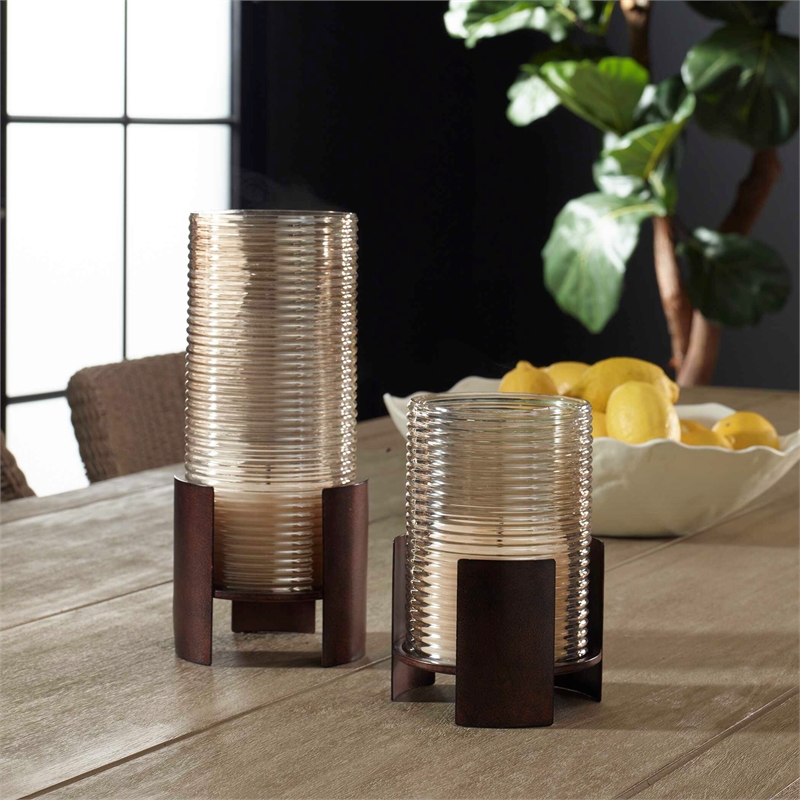 Pemberly Row Cylinder Cast Iron Candleholders with Glass in Bronze (Set of 2)