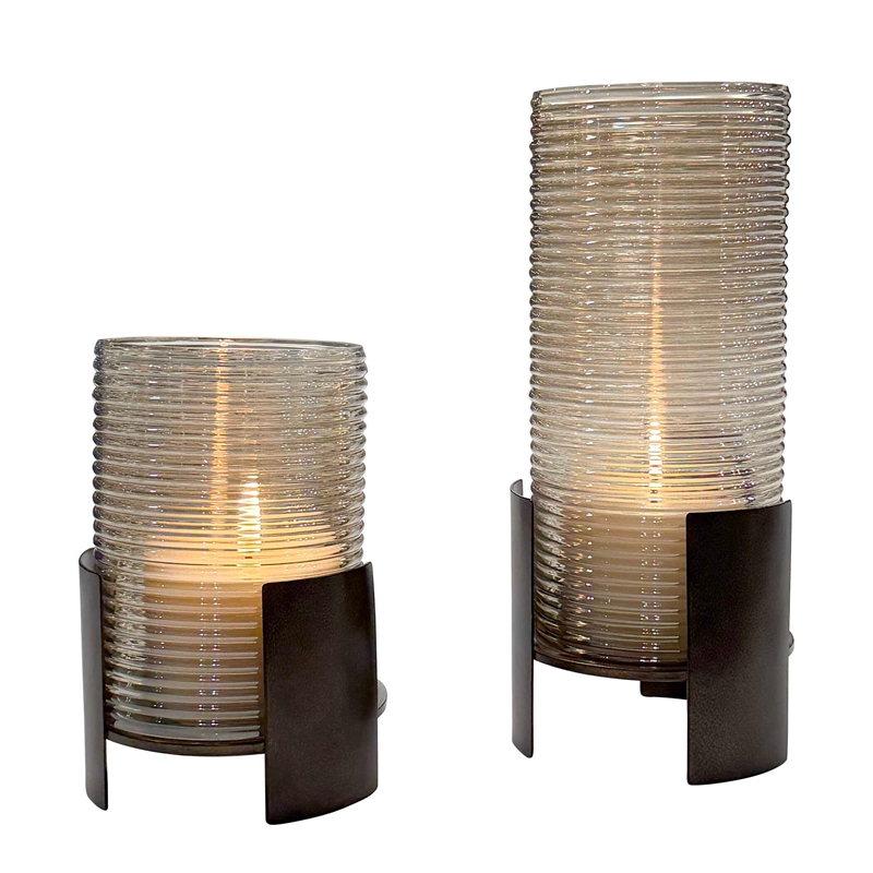 Pemberly Row Cylinder Cast Iron Candleholders with Glass in Bronze (Set of 2)